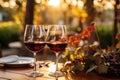 glass with red wine in background. placed on table, with bottle. atmosphere of romance and coziness, symbolizing pleasur