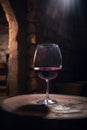 Glass of red wine on background of wooden oak barrels in cellar of winery Royalty Free Stock Photo