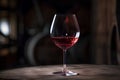 Glass of red wine on background of wooden oak barrels in cellar of winery. Closeup Royalty Free Stock Photo