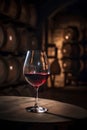 Glass of red wine on background of wooden oak barrels in cellar of winery Royalty Free Stock Photo