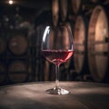 Glass of red wine on background of wooden oak barrels in cellar of winery Royalty Free Stock Photo