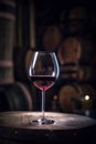 Glass of red wine on background of wooden oak barrels in winery cellar Royalty Free Stock Photo