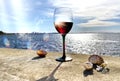 glass of red wine on beach stone and seashells nature panorama blue sky and sea water sunlight reflection romantic