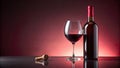A glass of red wine and a bottle against a deep red background with a discarded cork. Generative AI Royalty Free Stock Photo