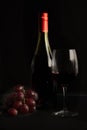 Glass of red wine with a bottle, cluster of grapes Royalty Free Stock Photo