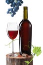 Glass of red wine, bottle and grape on stump isolated on white Royalty Free Stock Photo