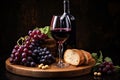 Glass of red wine, bottle, grapes, bread, soft light and a cozy atmosphere Royalty Free Stock Photo