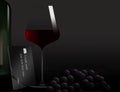 A glass of red wine, a bottle and some grapes share the spotlight with a black credit card