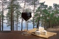 Glass of red wine with brie cheese against view of coniferous forest and blue sea