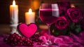 glass of red wine with candles, roses, and grapes on a pink lace tablecloth creates a romantic Royalty Free Stock Photo