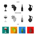 A glass of red wine, champagne, a jug of wine, a bunch. Wine production set collection icons in black, flat, monochrome Royalty Free Stock Photo