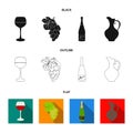 A glass of red wine, champagne, a jug of wine, a bunch. Wine production set collection icons in black,flat,outline style Royalty Free Stock Photo