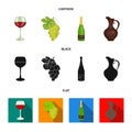 A glass of red wine, champagne, a jug of wine, a bunch. Wine production set collection icons in cartoon,black,flat style Royalty Free Stock Photo