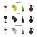 A glass of red wine, champagne, a jug of wine, a bunch. Wine production set collection icons in cartoon,black,monochrome