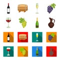 A glass of red wine, champagne, a jug of wine, a bunch. Wine production set collection icons in cartoon,flat style Royalty Free Stock Photo