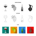 A glass of red wine, champagne, a jug of wine, a bunch. Wine production set collection icons in flat,outline,monochrome Royalty Free Stock Photo