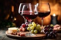 Glass of red wine, cheese and grapes on old wooden table with copy space Royalty Free Stock Photo