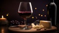 A glass of red wine with a cheese platter in the backgrou generative AI