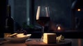 A glass of red wine with a cheese platter in the backgrou one generative AI