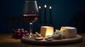 A glass of red wine with a cheese platter in the backgrou two generative AI