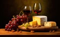 Wine, cheeses and grapes in a vintage setup. Created with Generative AI Royalty Free Stock Photo