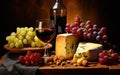 Wine, cheeses and grapes in a vintage setup. Created with Generative AI Royalty Free Stock Photo