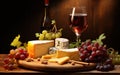 Wine, cheeses and grapes in a vintage setup. Created with Generative AI Royalty Free Stock Photo