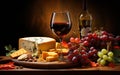 Wine, cheeses and grapes in a vintage setup. Created with Generative AI Royalty Free Stock Photo