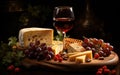 Wine, cheeses and grapes in a vintage setup. Created with Generative AI Royalty Free Stock Photo