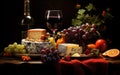 Wine, cheeses and grapes in a vintage setup. Created with Generative AI Royalty Free Stock Photo