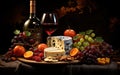 Wine, cheeses and grapes in a vintage setup. Created with Generative AI Royalty Free Stock Photo