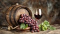 Glass of red wine with grapes and barrel on old wooden table Royalty Free Stock Photo