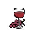 Glass with red wine and grapes doodle icon, vector color line illustration Royalty Free Stock Photo