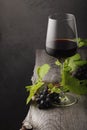 A glass of red wine, grapes and grape leaves on an old wooden table Royalty Free Stock Photo