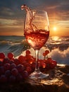 A glass of red wine with grapes on a sandy beach by the ocean, perfect for a relaxing evening.