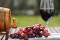 Glass of red wine with grapes on wooden table Royalty Free Stock Photo