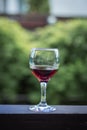 Glass of red wine on green grass background. Wineglass in garden. Alcoholic drinks. Summer relax. Vineyard in provence. Royalty Free Stock Photo