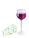 Glass of red wine and a piece of blue cheese Royalty Free Stock Photo