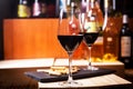 Glass of red wine prepared for tasting in a Europe winery. Copy space Royalty Free Stock Photo