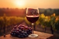 A glass of red wine and purple grapes on a wooden table with a view of the vineyard at sunset Royalty Free Stock Photo