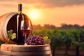 Glass of red wine ripe grapes and bottle on table in vineyard. Generative AI Royalty Free Stock Photo