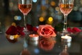 Glass red wine, roses, petals and candles on table with reflection, twinkling blurred city night lights in background, romantic Royalty Free Stock Photo