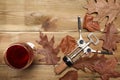 Glass of red wine, cork and some death leaves rest on a wooden table Royalty Free Stock Photo