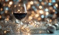 A glass of red wine is sitting on a table with Christmas decorations Royalty Free Stock Photo