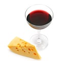 Glass with red wine and a slice of cheese Isolated on a white Royalty Free Stock Photo