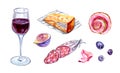 Glass of red wine and snacks, watercolor clip art set Royalty Free Stock Photo