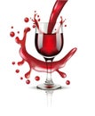 Glass of red wine with splash vector realistic. 3d detailed illustration with wine drops splash