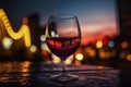 Glass of red wine on a table of outdoor restaurant in London. City lights of English capital. Generative AI