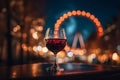 Glass of red wine on a table of outdoor restaurant in London. City lights of English capital. Generative AI