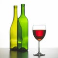 Glass of red wine with two empty bottles Royalty Free Stock Photo